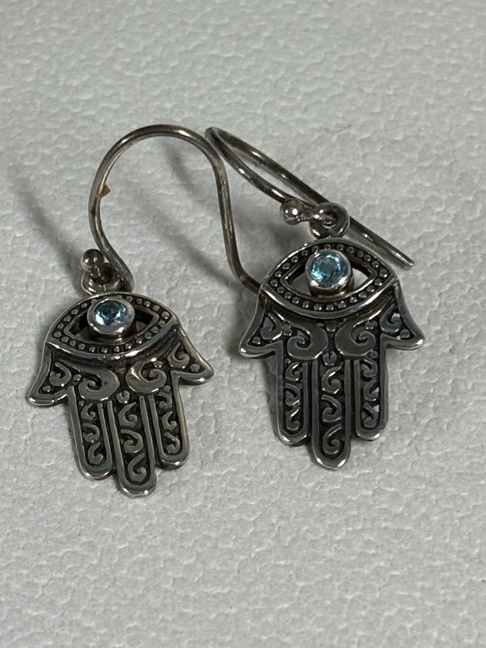 Silver Hamsa Hand Drop Earrings with Aquamarine